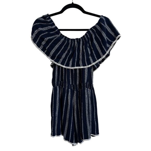 Lulus See Ya There Navy Blue Print Off The Shoulder Romper - Picture 4 of 8